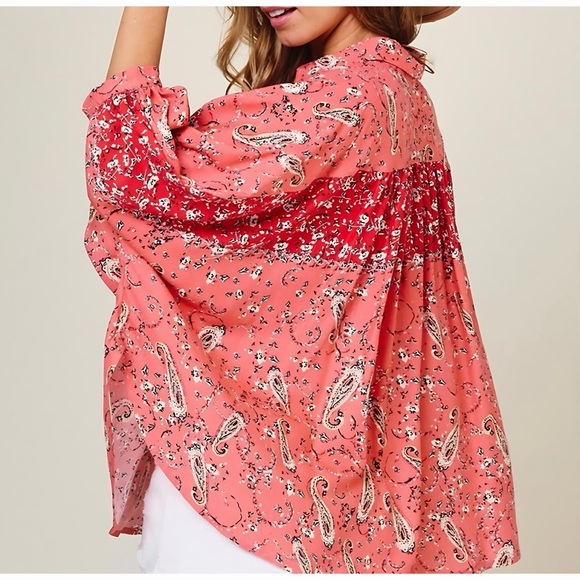 CES FEMME Paisley Collared Button Down Puff 3/4 Sleeve Oversized Blouse! - Picture 2 of 6